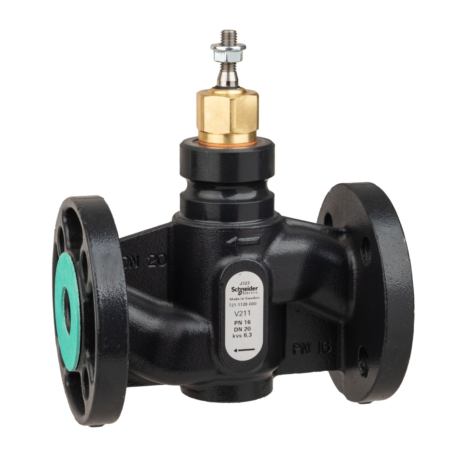 Picture of Venta V211 Globe Valve, 2-Way, PN16, Flanged, DN20, 6.3 kvs, Nodular Iron Body and Seat, Brass Plug, Stem Up Closed.