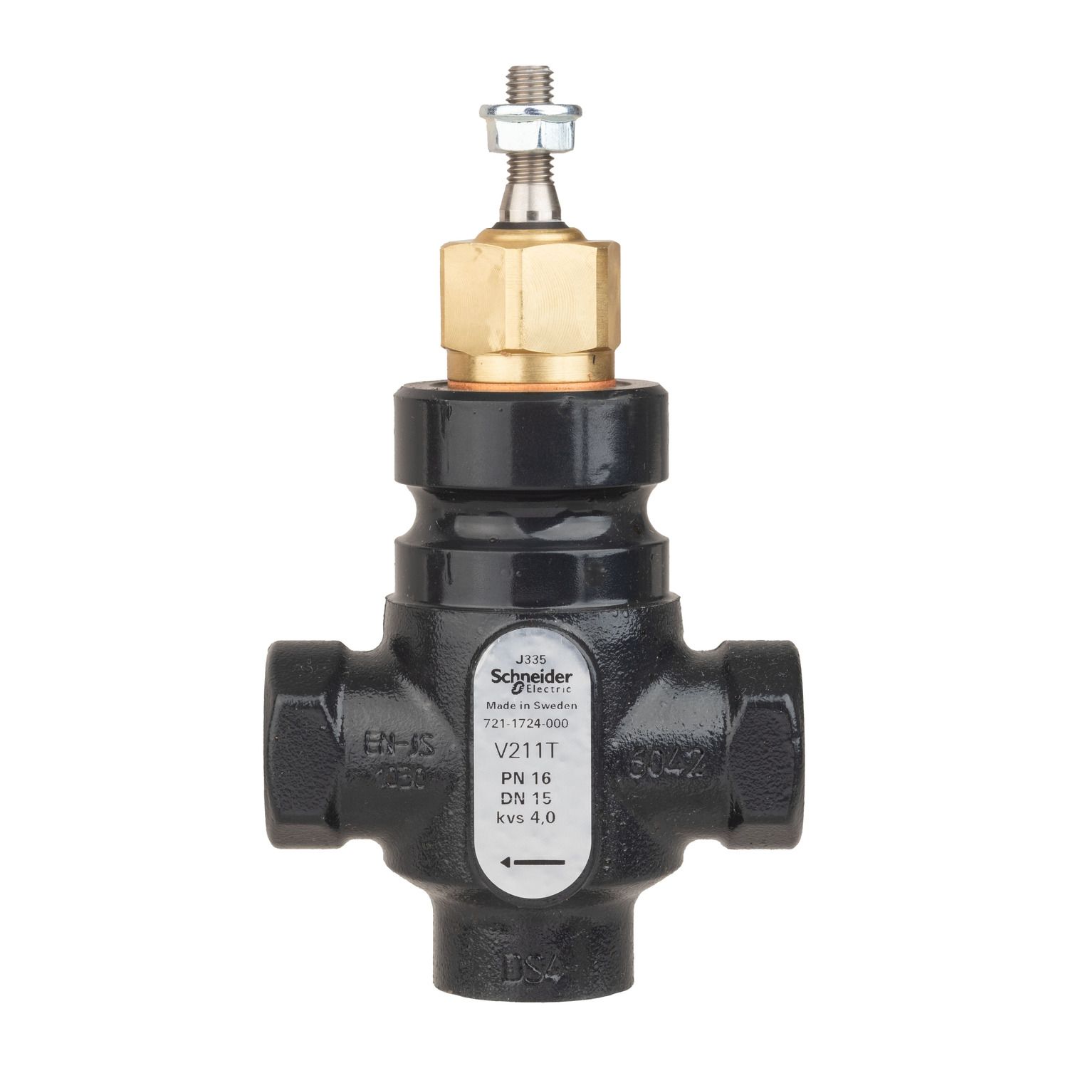 Picture of Venta V211T Globe Valve, 2-Way, PN16, Rp 1/2 Internal thread, DN15, 4.0 Kvs, Nodular Iron, Brass Plug, Stem Up Closed.