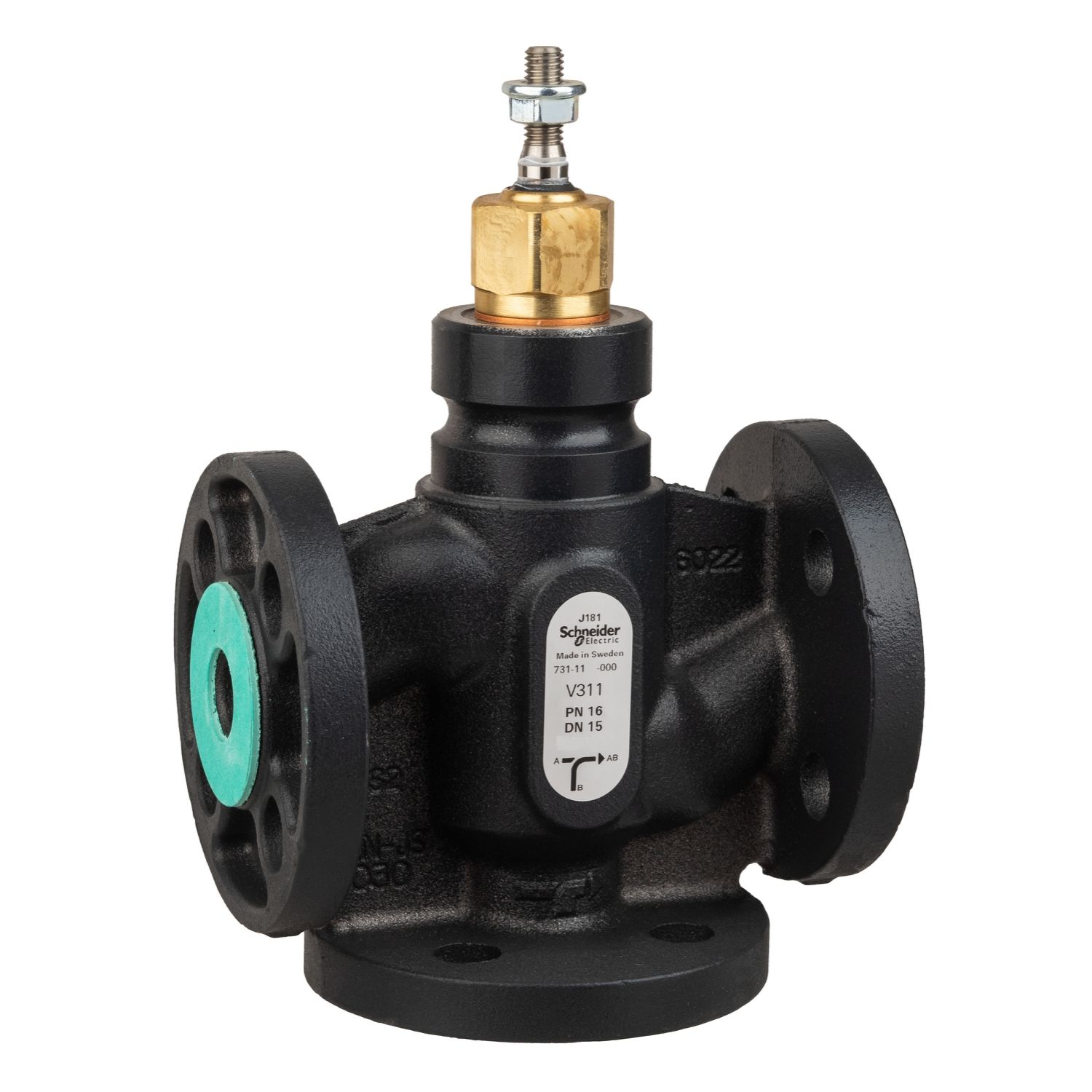 Picture of Venta V311 Globe Valve, 3-Way, PN16, Flanged, DN15, 2.5 Kvs, Nodular Iron Body & Seat, Brass plug.