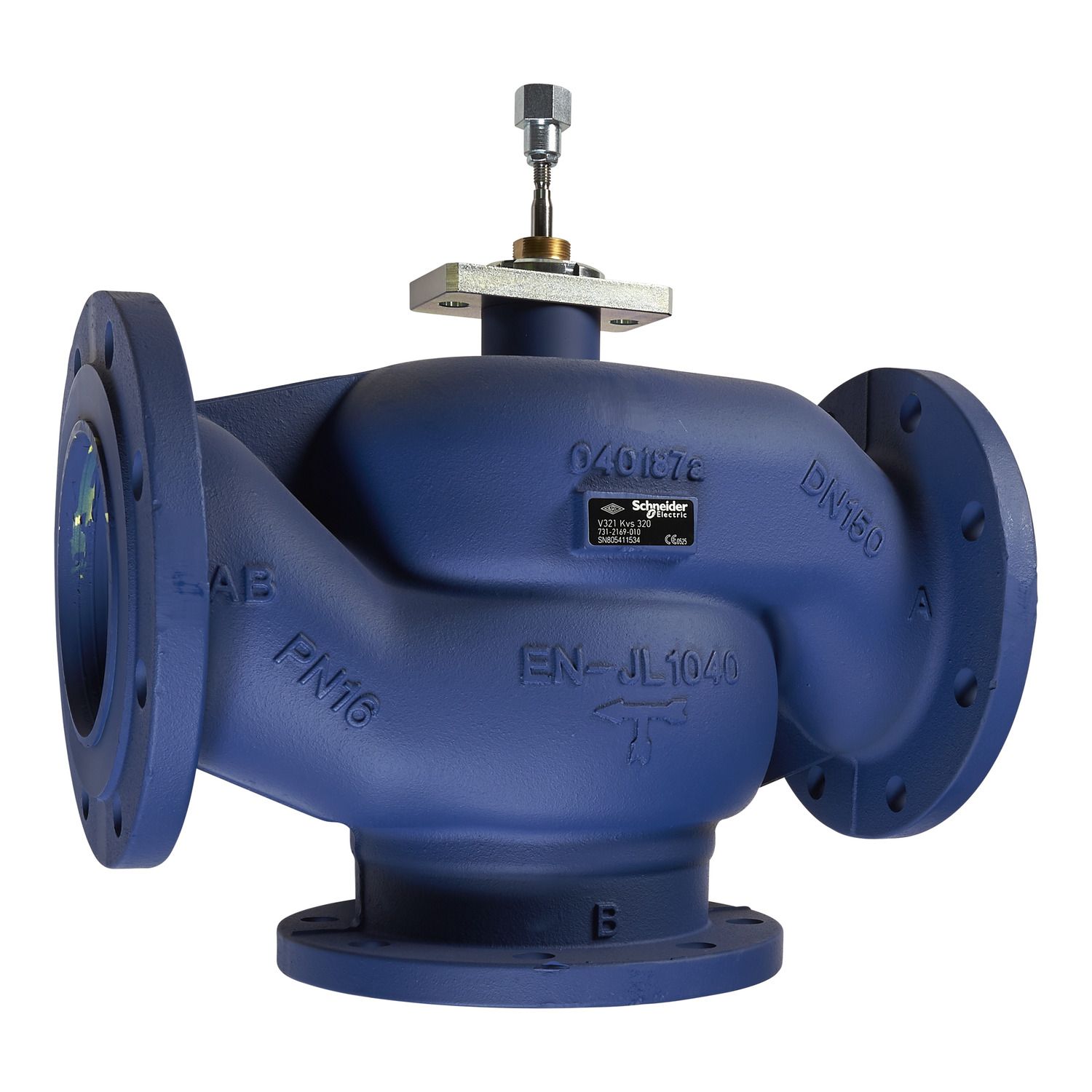 Picture of V321 Globe Valve, 3-Way, PN16, Flanged DN150, Kvs 320, Cast Iron Body, Stainless Trim, Max. Glycol 50%, Stem-Up Closed (A-AB)