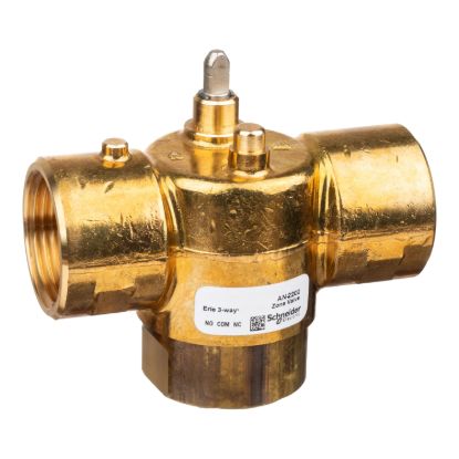 Picture of Erie Zone Valve, 3-Way, PN16, DN25 (1"), Rp Thread, Kvs 6.9 mÂ³/h (Cv 8), Pop-Top Actuator Connection, Brass Body.