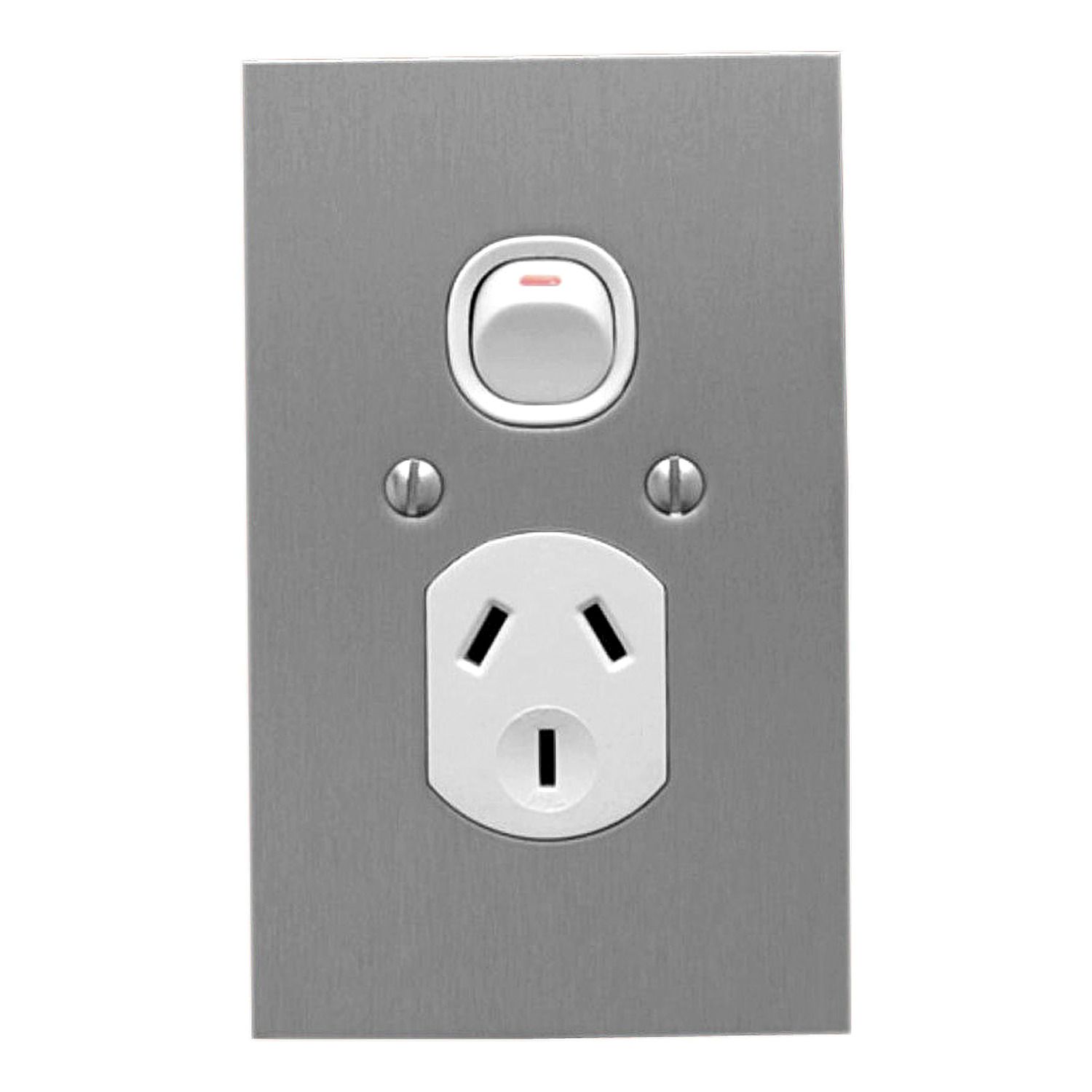Picture of Single Switch Socket Outlet, Metal Plate Series, 250V, 10A, B Style, Flat Plate, Vertical