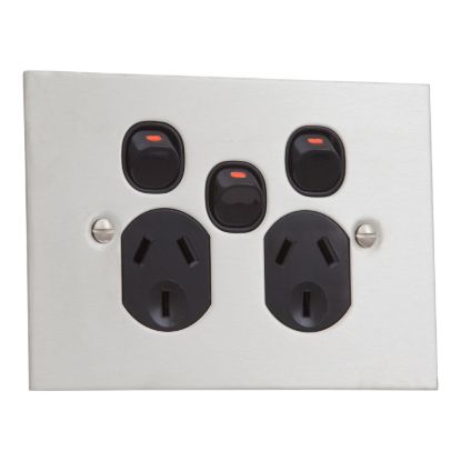 Picture of Twin Switch Socket Outlet, Metal Plate Series, 250V, 10A, BSL Style, Removable Extra Switch