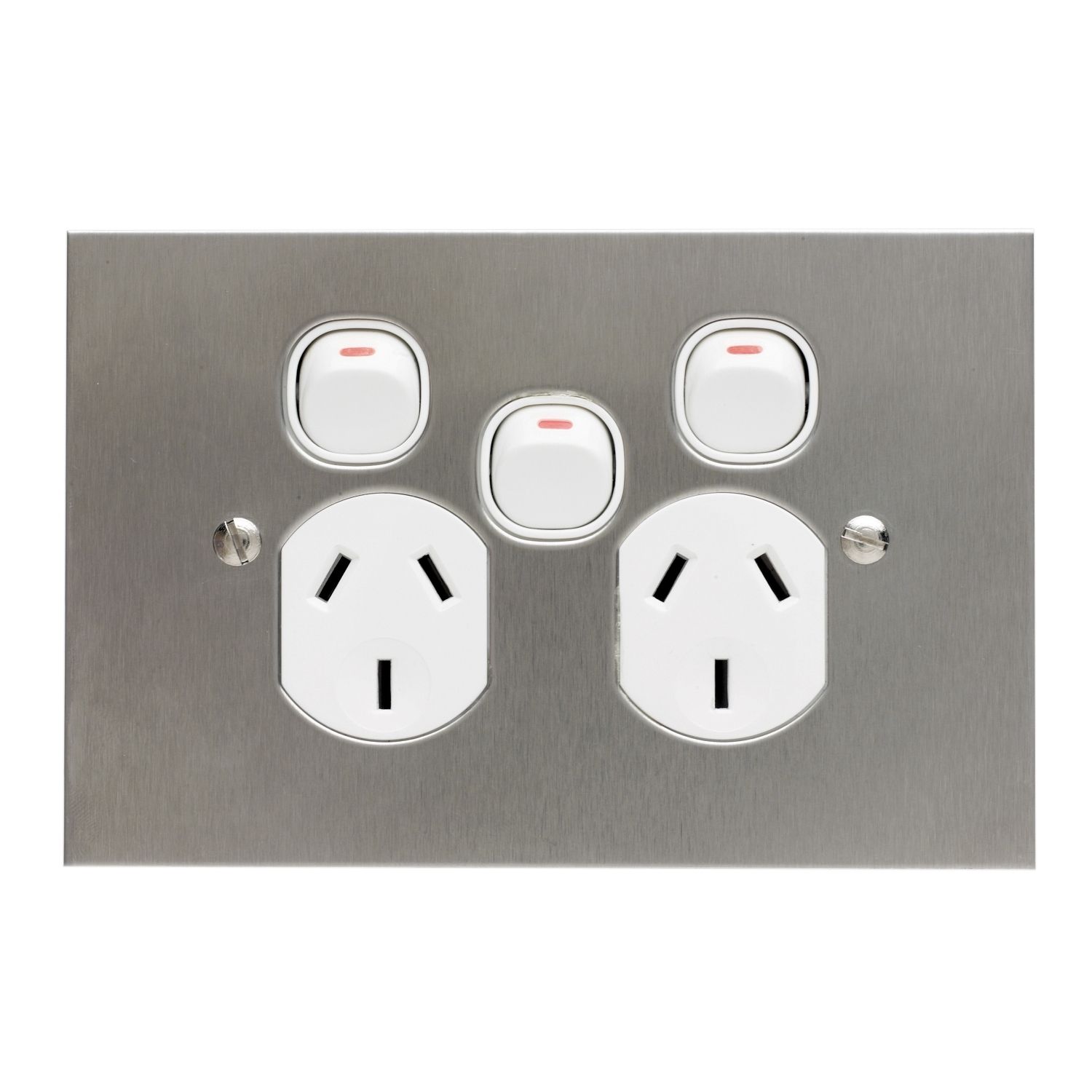 Picture of Twin Switch Socket Outlet, Metal Plate Series, 250V, 10A, BSL Style, Removable Extra Switch