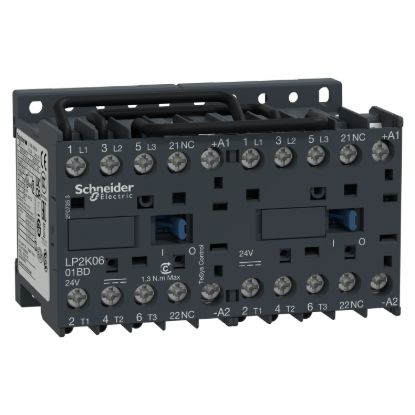 Picture of reversing Contactor, TeSys K, 3P, AC-3/AC-3e,440V 12A, 1NC, 24V DC coil, screw clamp terminals