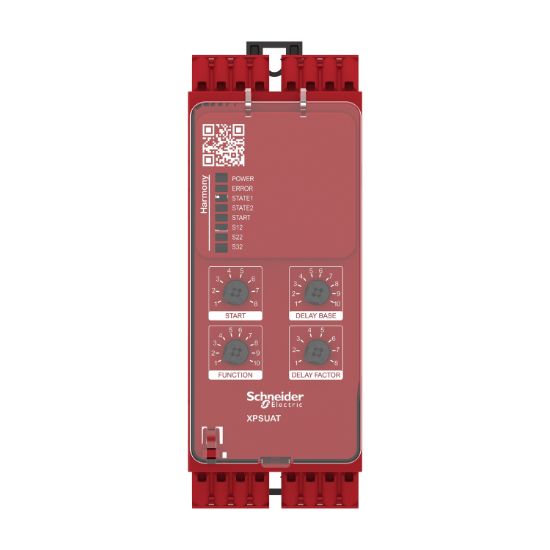 Picture of safety module, Harmony XPSU, Cat4, features XPSUAK with delayed outputs, 48 to 240V AC or DC, spring