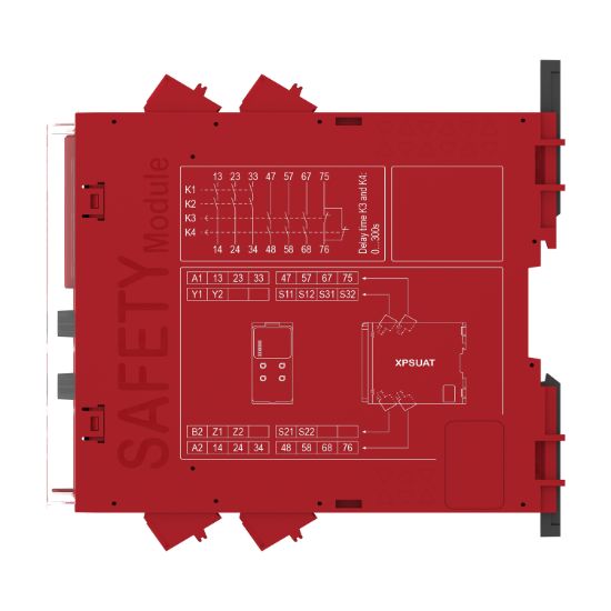 Picture of safety module, Harmony XPSU, Cat4, features XPSUAK with delayed outputs, 48 to 240V AC or DC, spring