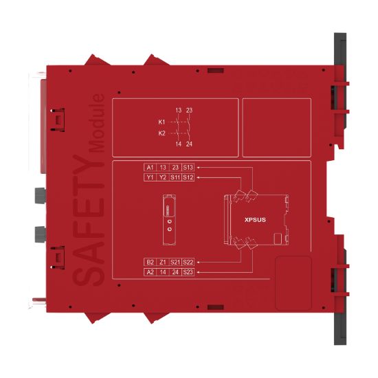 Picture of safety module, Harmony XPSU, Cat 4, features 2 x XPSUAF with enabling movement, 24V AC or DC, screw