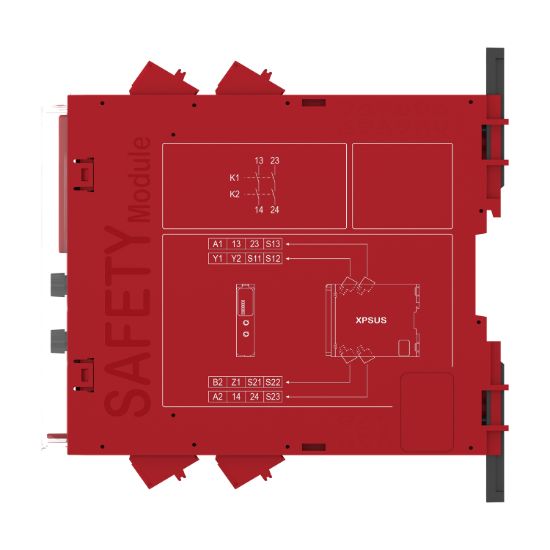 Picture of safety module, Harmony XPSU, Cat 4, features 2 x XPSUAF with enabling movement, 24V AC or DC, spring