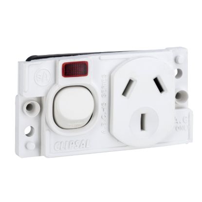 Picture of Single Switch Socket Outlet, Medilec, 250V, 10A, O Style, 2 Pole, Horizontal, Neon