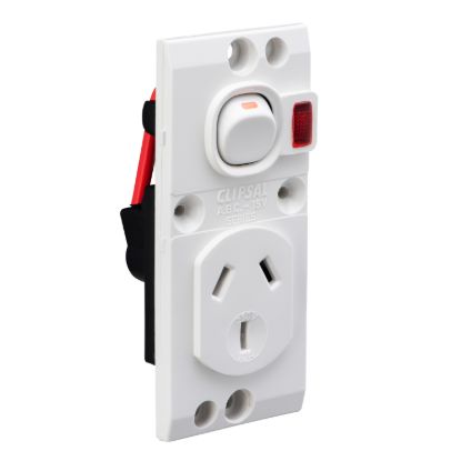 Picture of Single Switch Socket Outlet, Medilec, 250V, 10A, O Style, 2 Pole, Vertical, Neon