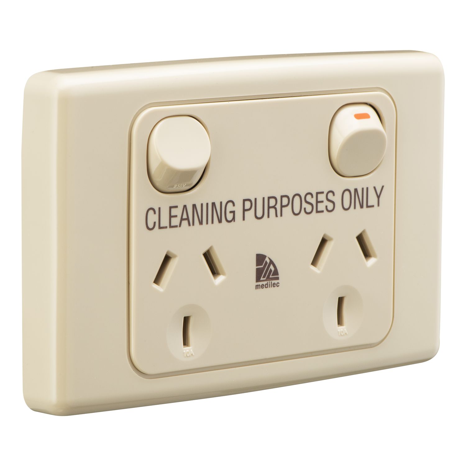 Picture of Twin Switch Socket Outlet, Medilec, 250V, 10A, 2 Gang, 1 Pole, Cleaner Label