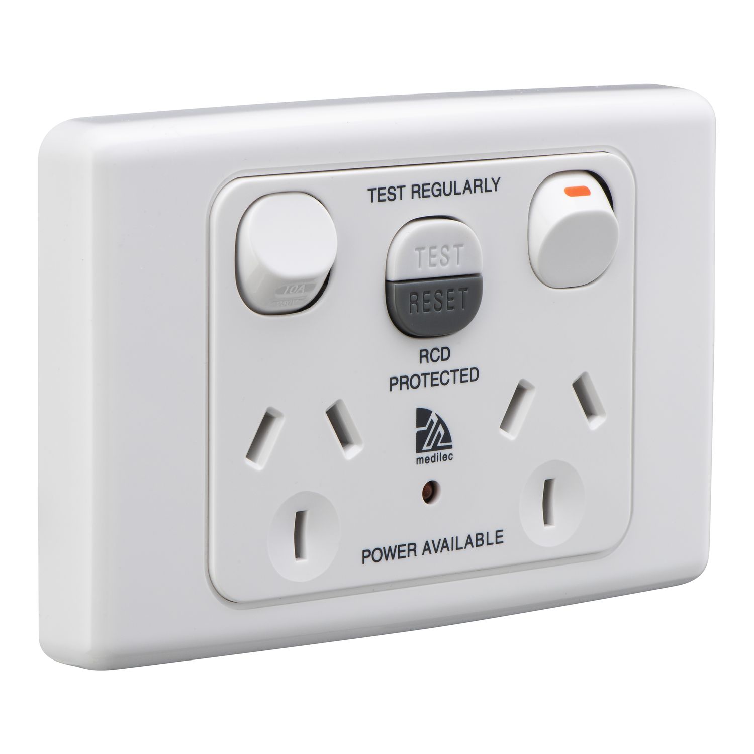 Picture of RCD Protected Medilec, Medilec, Twin Switch Socket Outlet, 250V, 10A, 1 Pole, Horizontal, 10mA RCD