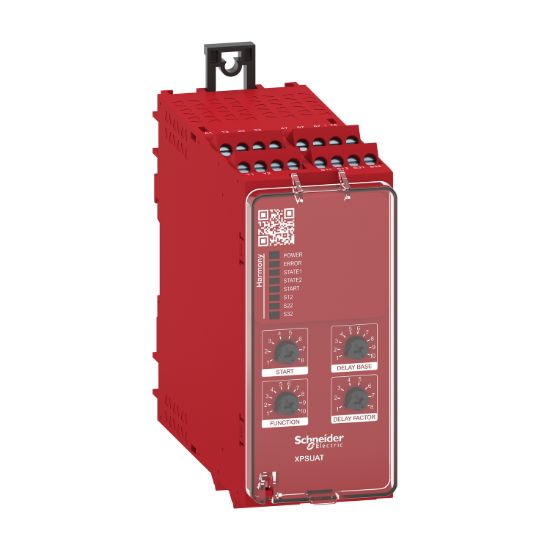 Picture of safety module, Harmony XPSU, Cat4, features XPSUAK with delayed outputs, 24V AC or DC, screw