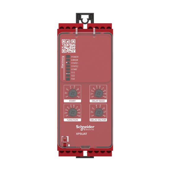 Picture of safety module, Harmony XPSU, Cat4, features XPSUAK with delayed outputs, 24V AC or DC, screw
