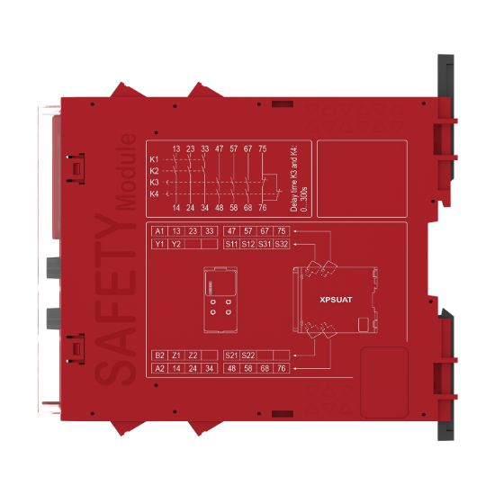 Picture of safety module, Harmony XPSU, Cat4, features XPSUAK with delayed outputs, 24V AC or DC, screw