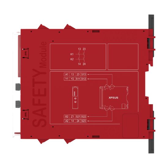 Picture of safety module, Harmony XPSU, Cat 4, features 2 x XPSUAF with enabling movement, 48 to 240V AC or DC, screw