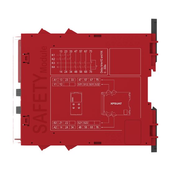 Picture of safety module, Harmony XPSU, Cat4, features XPSUAK with delayed outputs, 48 to 240V AC or DC, screw