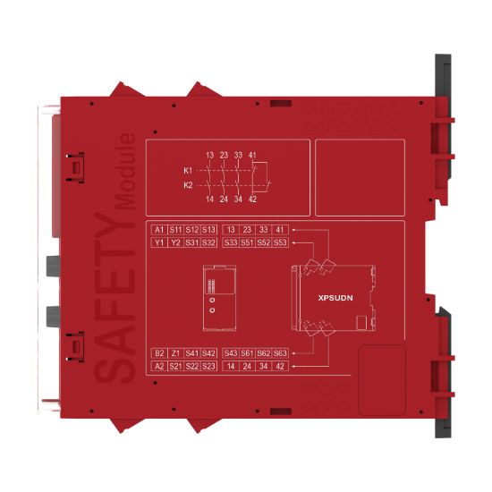 Picture of safety module, Harmony XPSU, Cat 4, features 6 x XPSUAF, 24V AC or DC, screw