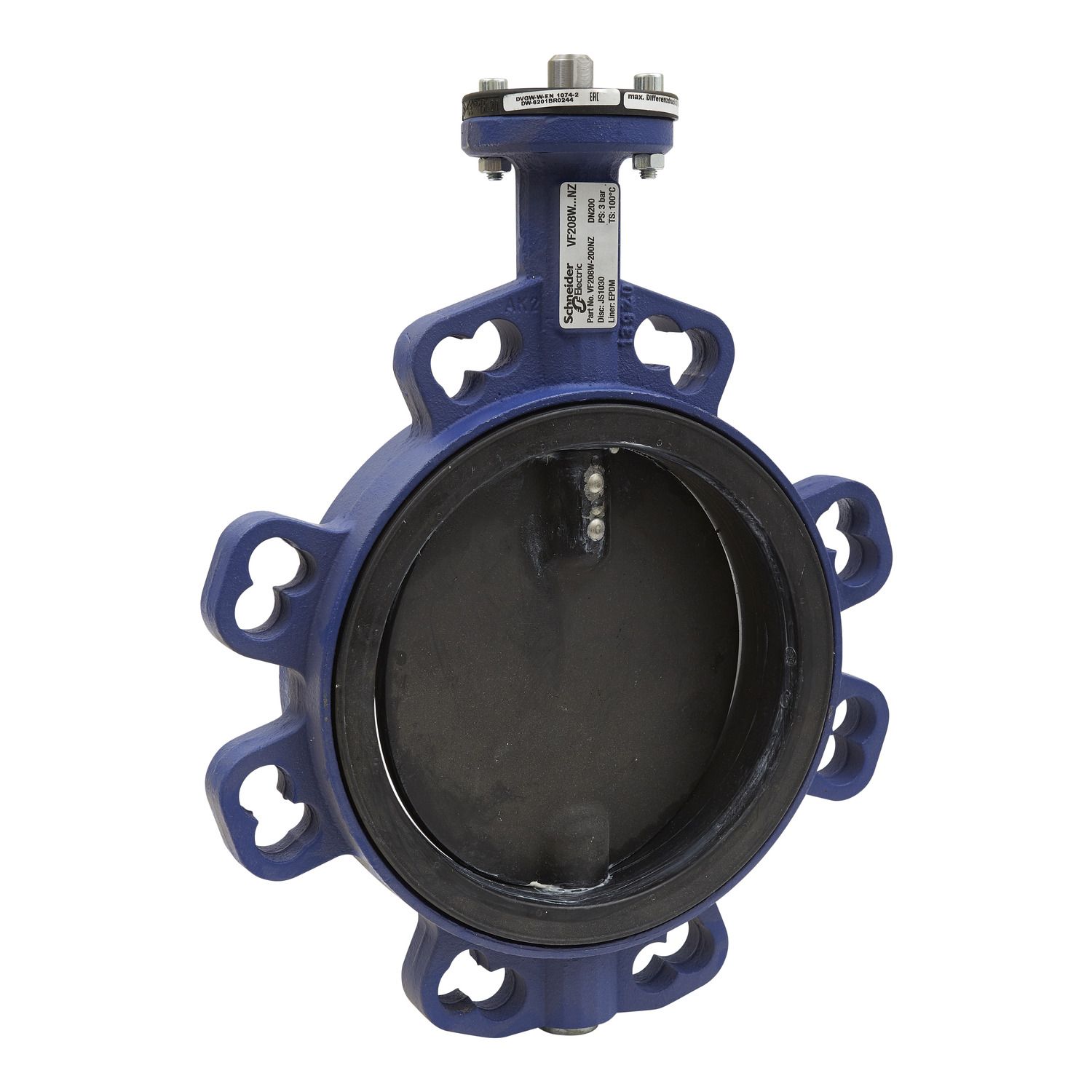 Picture of VF208W Butterfly Valve, 2-Way, DN200, Wafer Flanged, Zinc Plated Disc, EPDM Liner, Kvs 3450 mÂ³/h, Max âˆ†P 300 kPa.