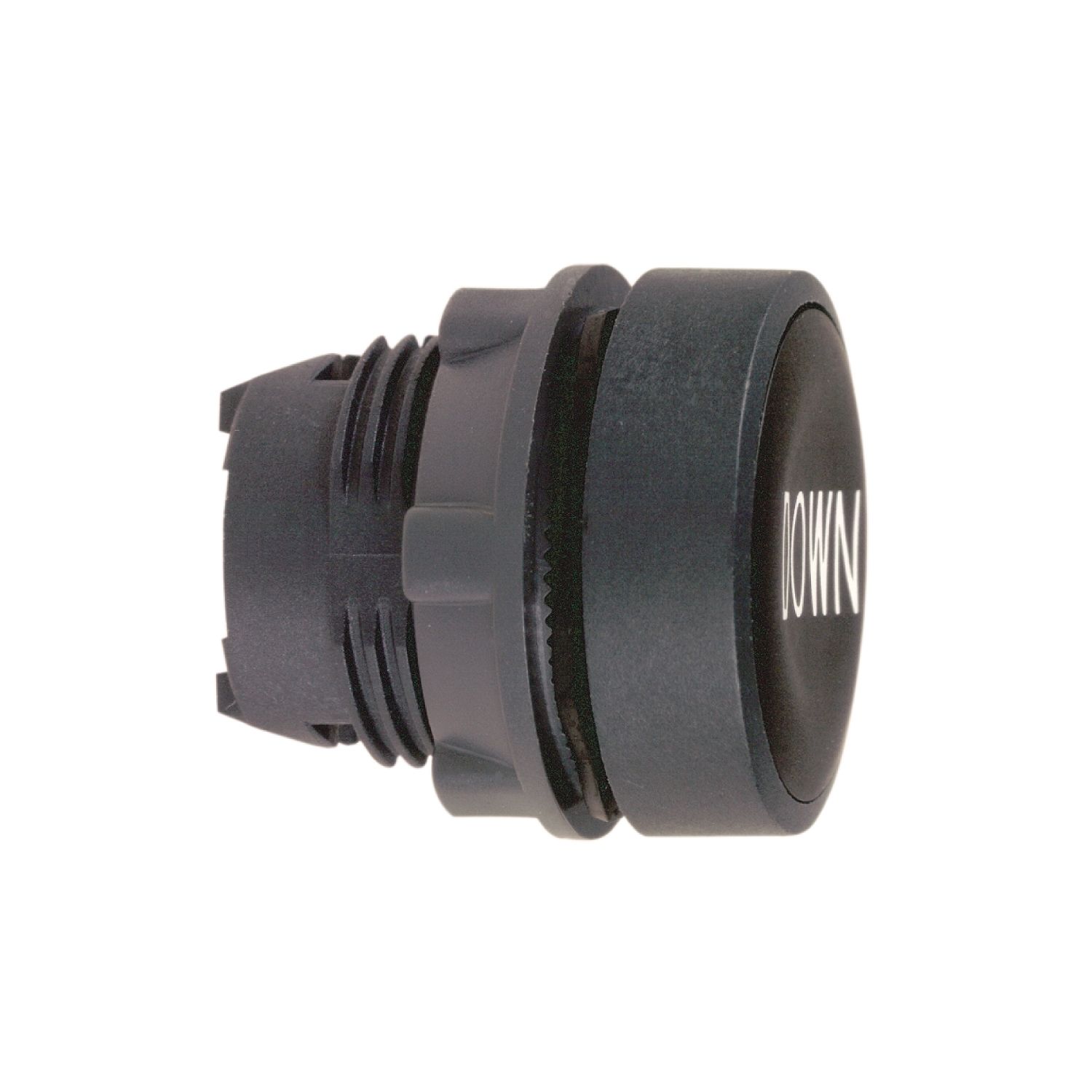Picture of Head for non illuminated push button, Harmony XB5, black flush, 22mm, spring return, white marked DOWN