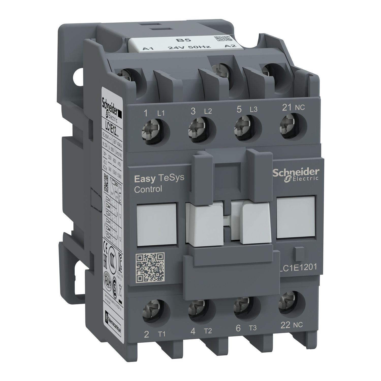 Picture of Contactor,Easy TeSys Control,LC1E,3P(3NO),AC-3,<=440V,12A,24V AC coil,50Hz,1NC auxiliary contact