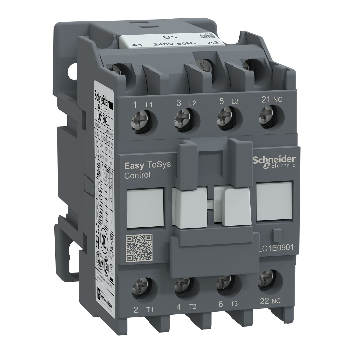 Picture of Contactor,Easy TeSys Control,LC1E,3P(3NO),AC-3,<=440V,9A,240V AC coil,50Hz,1NC auxiliary contact