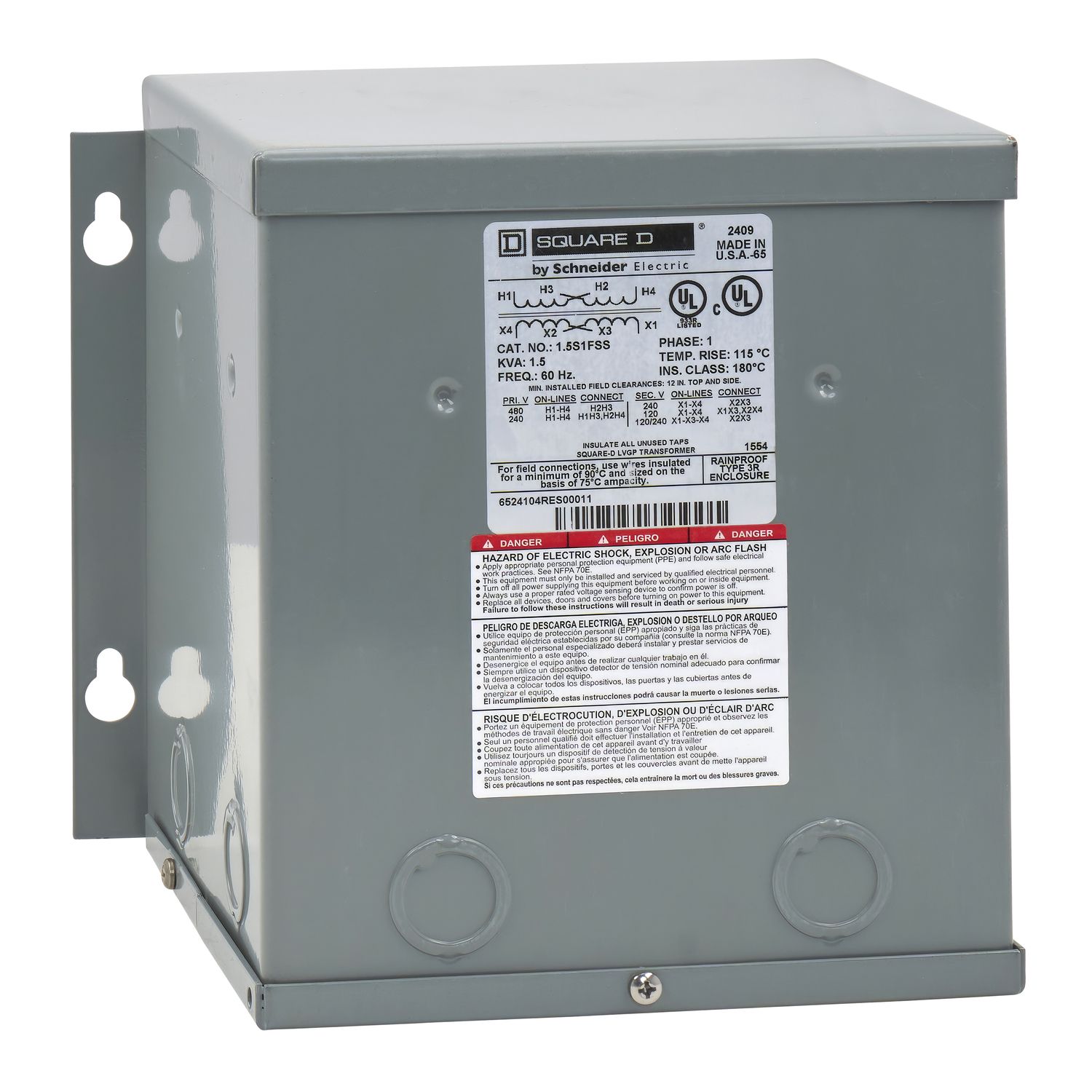 Picture of Transformer, dry type, encapsulated, 1.5kVA, 1 phase, 240x480V primary, 120/240V secondary, 8A, 115C rise