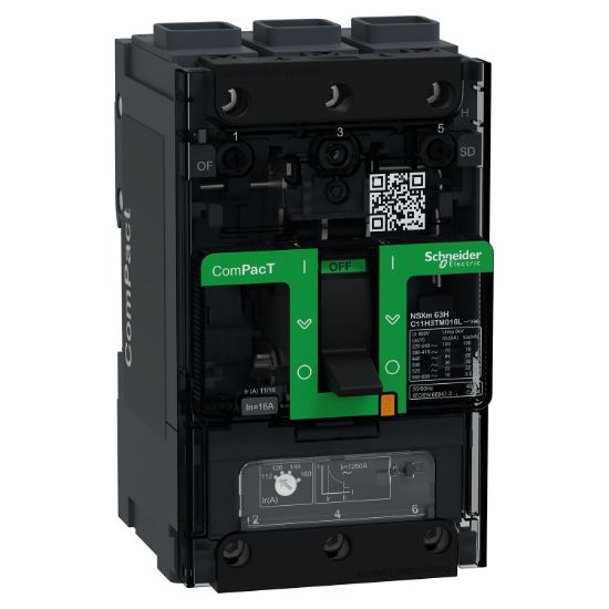 Picture of Circuit breaker, ComPacT NSXm 63H, 70kA/415VAC, 3 poles, TMD trip unit 16A, EverLink lugs