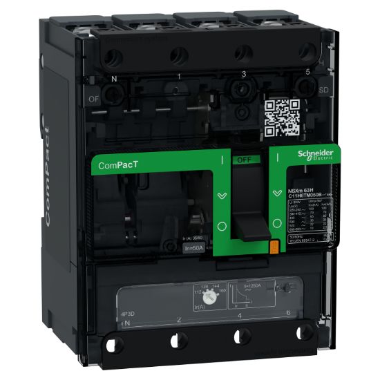 Picture of Circuit breaker, ComPacT NSXm 63H, 70kA/415VAC, 4 poles 3D (neutral not protected), TMD trip unit 50A, lugs/busbars