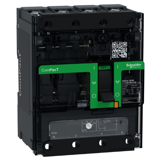 Picture of Circuit breaker, ComPacT NSXm 160H, 70kA/415VAC, 4 poles 3D (neutral not protected), TMD trip unit 100A, lugs/busbars