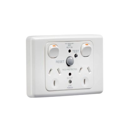 Picture of RCD Protected Twin Switch Socket Outlet, 2000 Series, 250V, 10A, 2 Pole, 30mA RCD