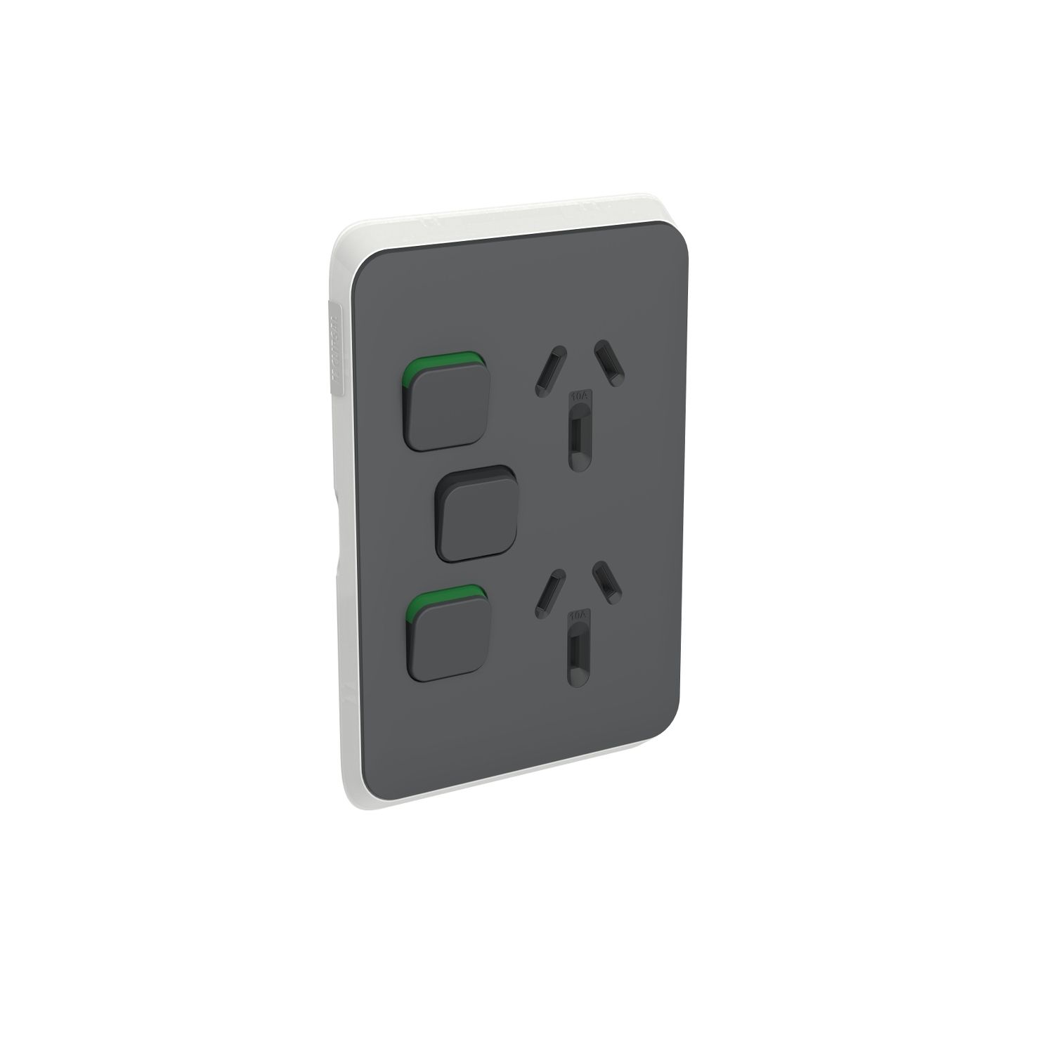 Picture of Double Power Point Skin with Extra Switch, Clipsal Iconic, Vertical Mount, 250V, 10A, Clip-On