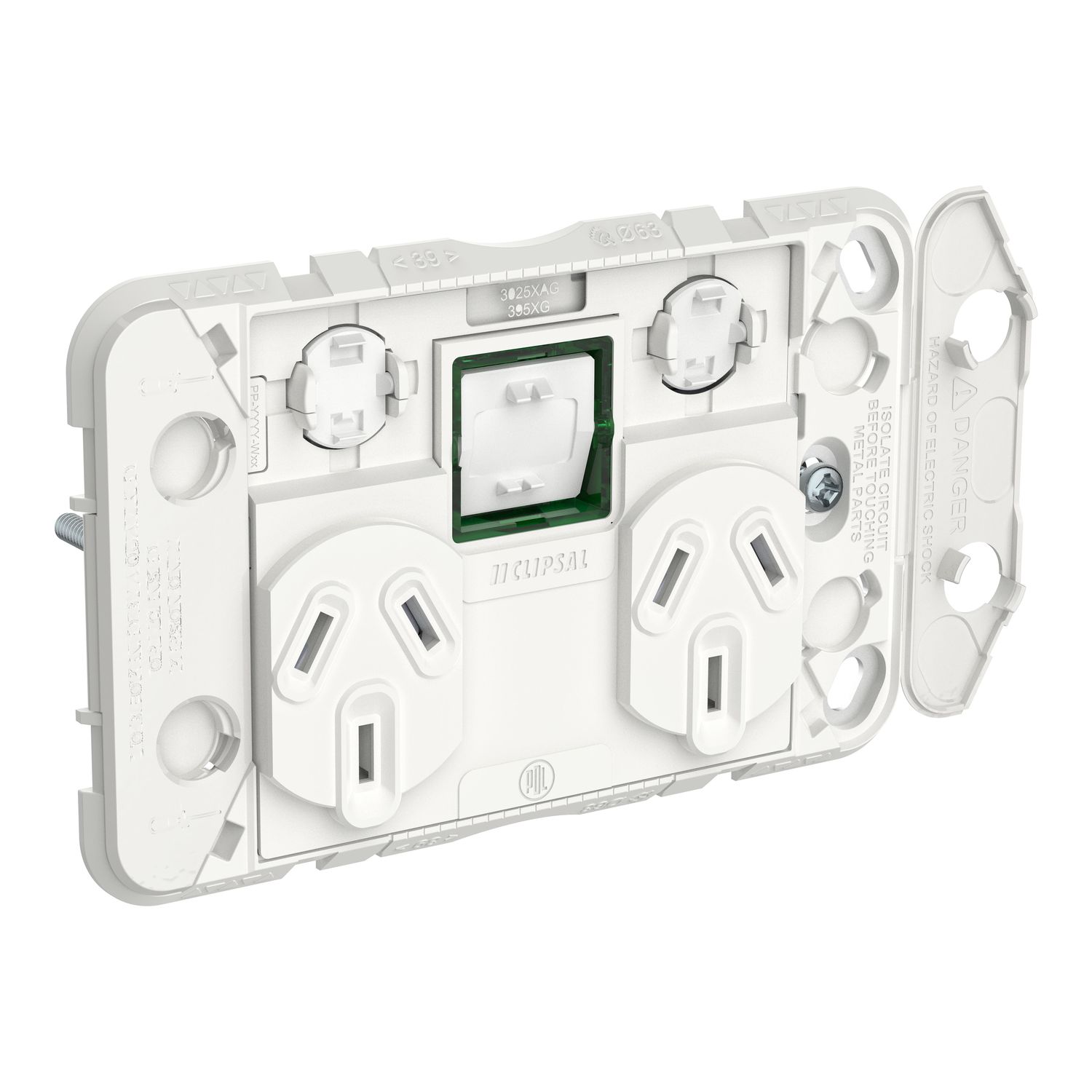 Picture of Double Switch Power Point Grid with 1 extra switch, Clipsal Iconic, Horizontal Mount, 250V, 10A