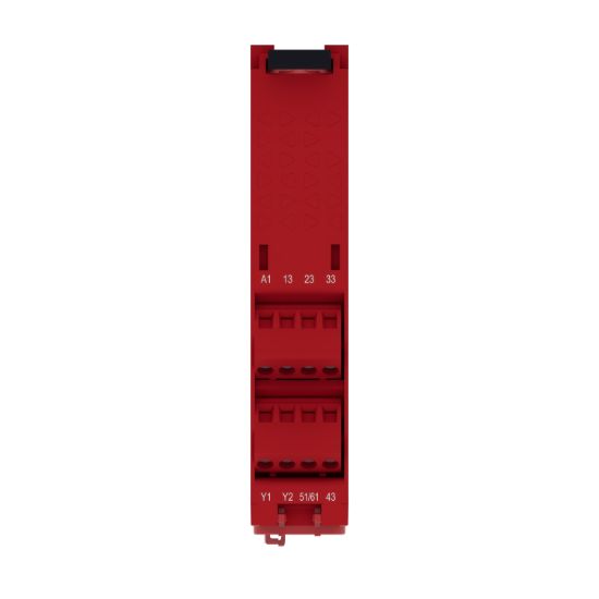 Picture of safety module, Harmony XPS, estop or guard, connected to supply terminals 24V AC or DC , no inputs, screw