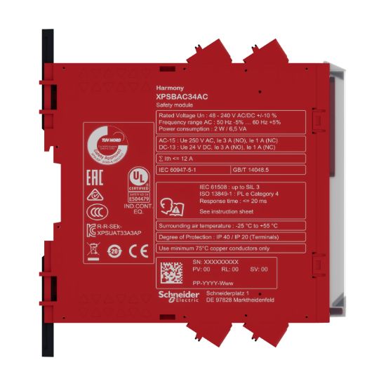 Picture of safety module, Harmony XPS, estop or guard, connected to supply terminals 48 to 240V AC or DC , no inputs, spring