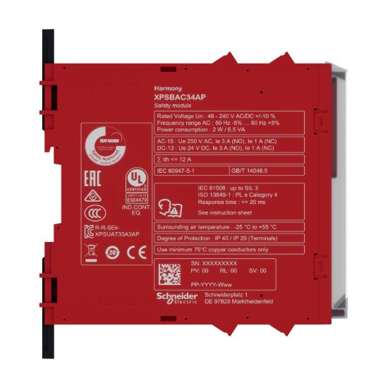 Picture of safety module, Harmony XPS, estop or guard, connected to supply terminals 48 to 240V AC or DC , no inputs, screw