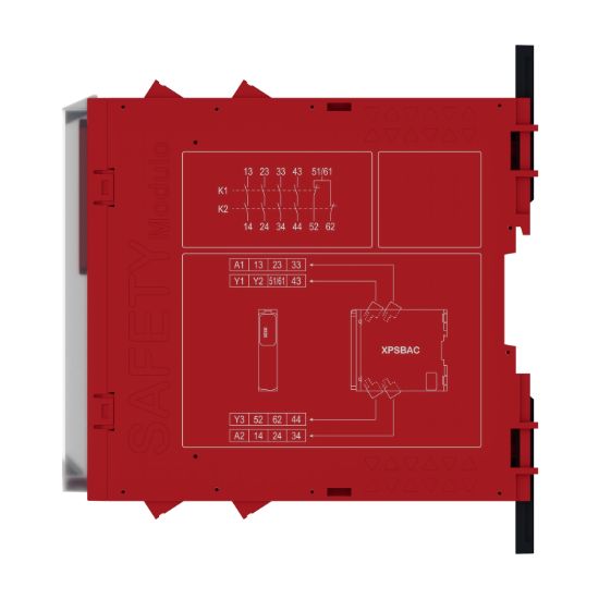 Picture of safety module, Harmony XPS, estop or guard, connected to supply terminals 48 to 240V AC or DC , no inputs, screw