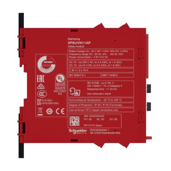 Picture of safety module, Harmony XPS, zero speed monitoring with time delay, 24V AC or DC, screw