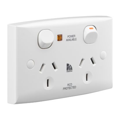 Picture of Twin Switch Socket Outlet, Medilec, 250V, 10A, Safety Shutter, Security Screw