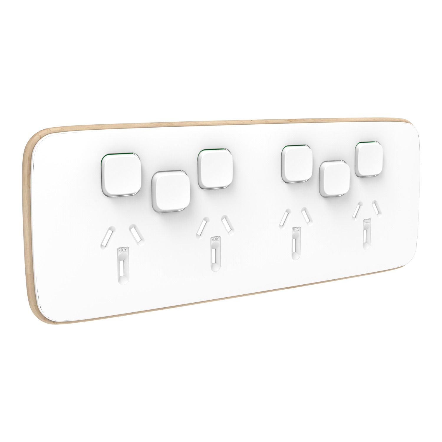 Picture of Essence Quad Power Point Skin with 2 extra switches, Clipsal Iconic, Horizontal Mount, 250V, 10A, Clip-On