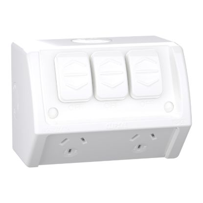 Picture of Twin Socket with Extra Switch, Weathershield, 10A, 250VAC, IP54