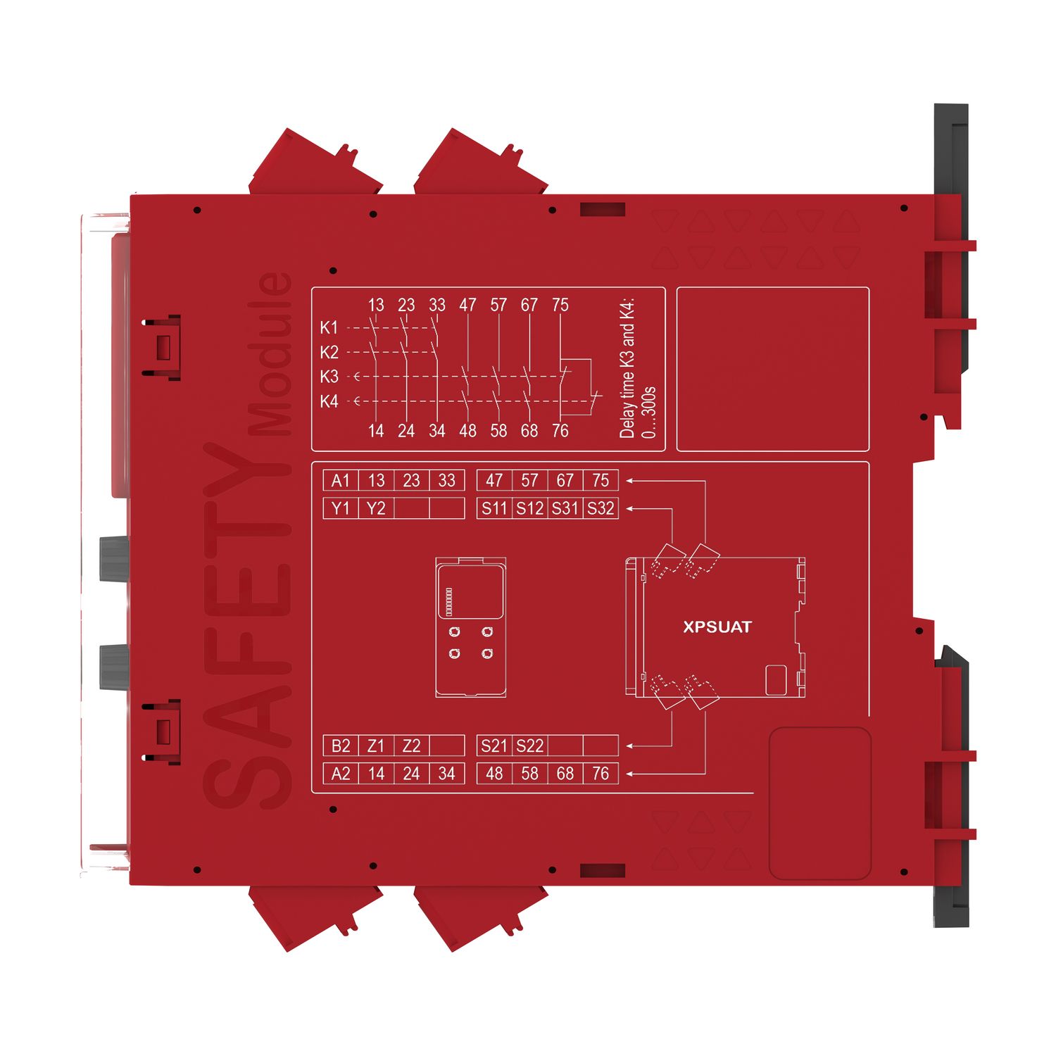 Picture of safety module, Harmony XPSU, Cat4, features XPSUAK with delayed outputs, 24V AC or DC, spring