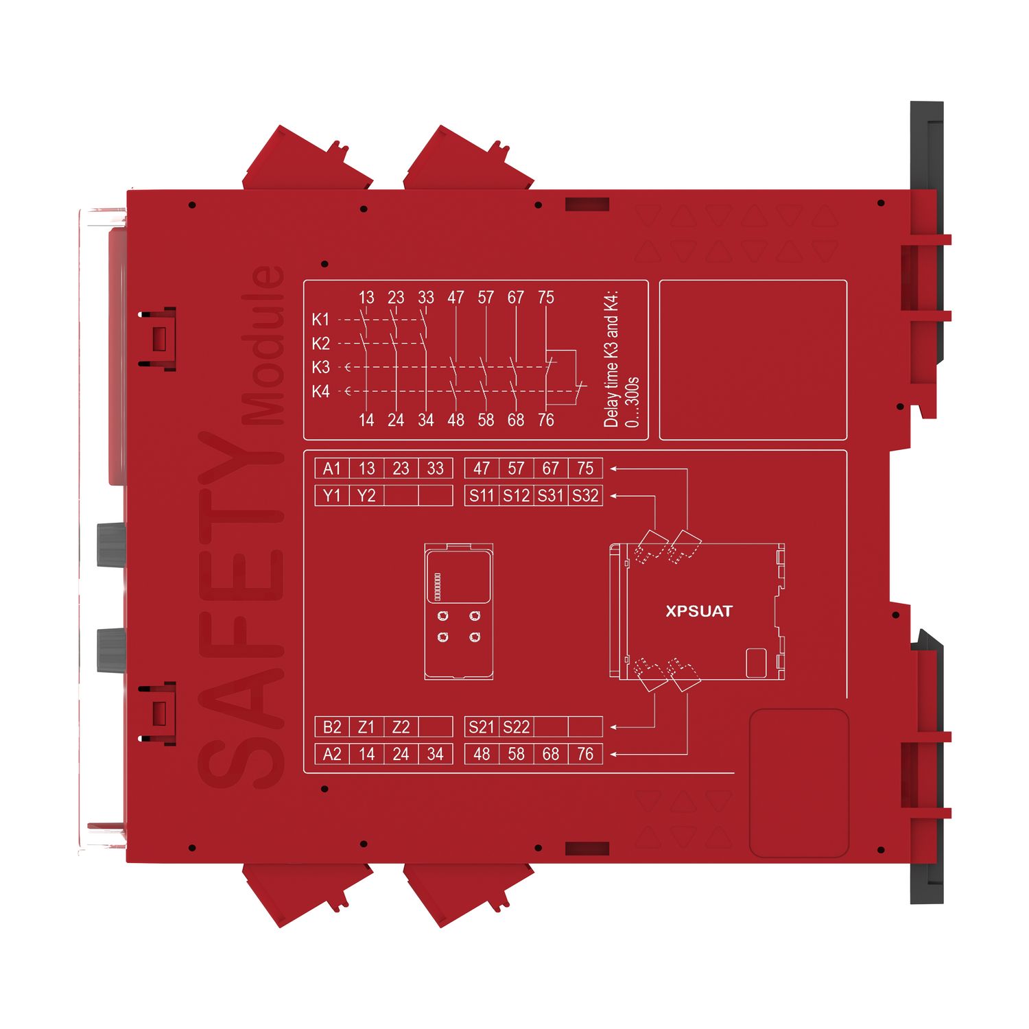 Picture of safety module, Harmony XPSU, Cat4, features XPSUAK with delayed outputs, 48 to 240V AC or DC, spring