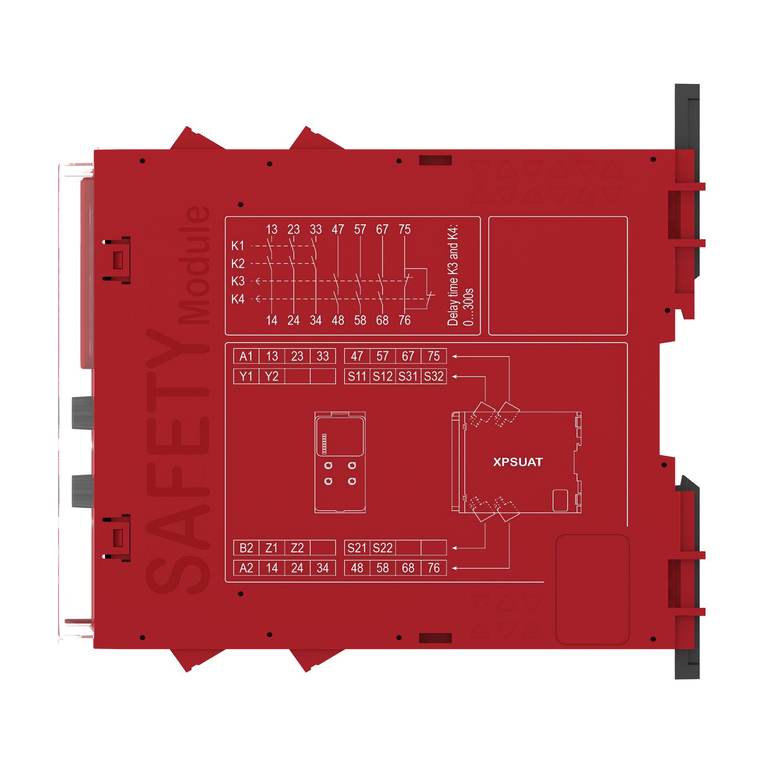 Picture of safety module, Harmony XPSU, Cat4, features XPSUAK with delayed outputs, 24V AC or DC, screw