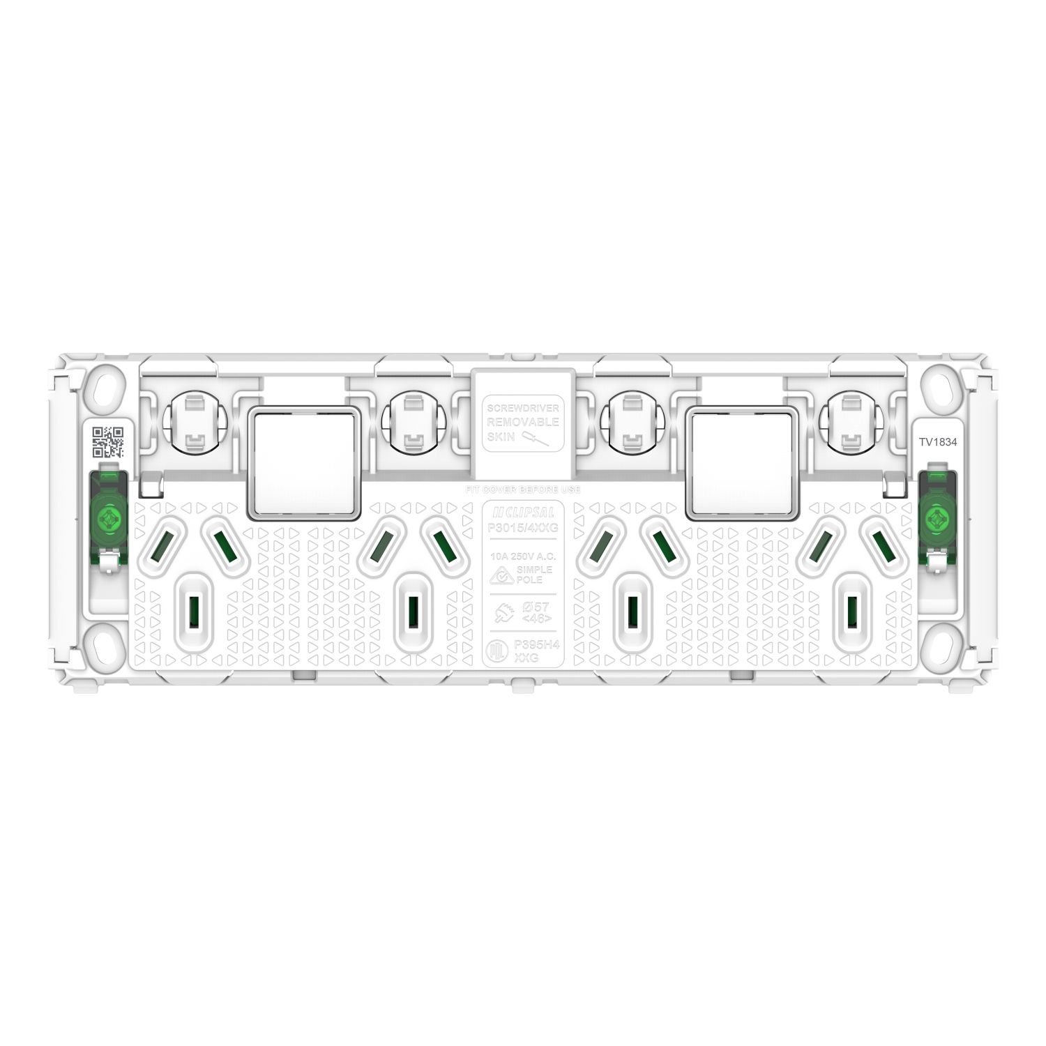 Picture of Quad Power Point Grid with 2 extra switches, Pro Series, Horizontal Mount, 250V, 10A, Less Mechanisms