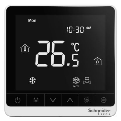 Picture of SpaceLogic thermostat, fan coil on/off, networking, touchscreen, 4P, 3 fan, modbus, external sensor, 240V, white