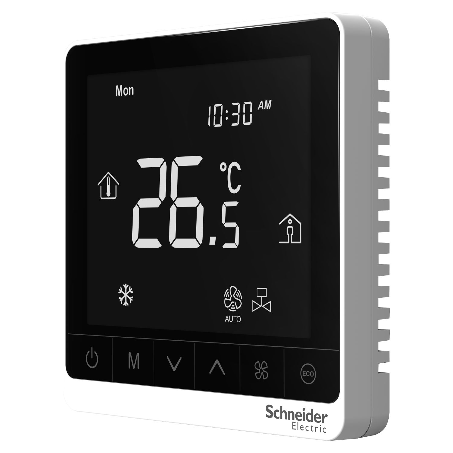 Picture of SpaceLogic thermostat, fan coil proportional, standalone, touchscreen, 2P, 3 fan, 24V, white
