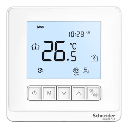 Picture of Thermostat, Spacelogic, fan coil proportional, networking, LCD 5 Button, 4P, 3 fan, modbus, external sensor, 240V, white