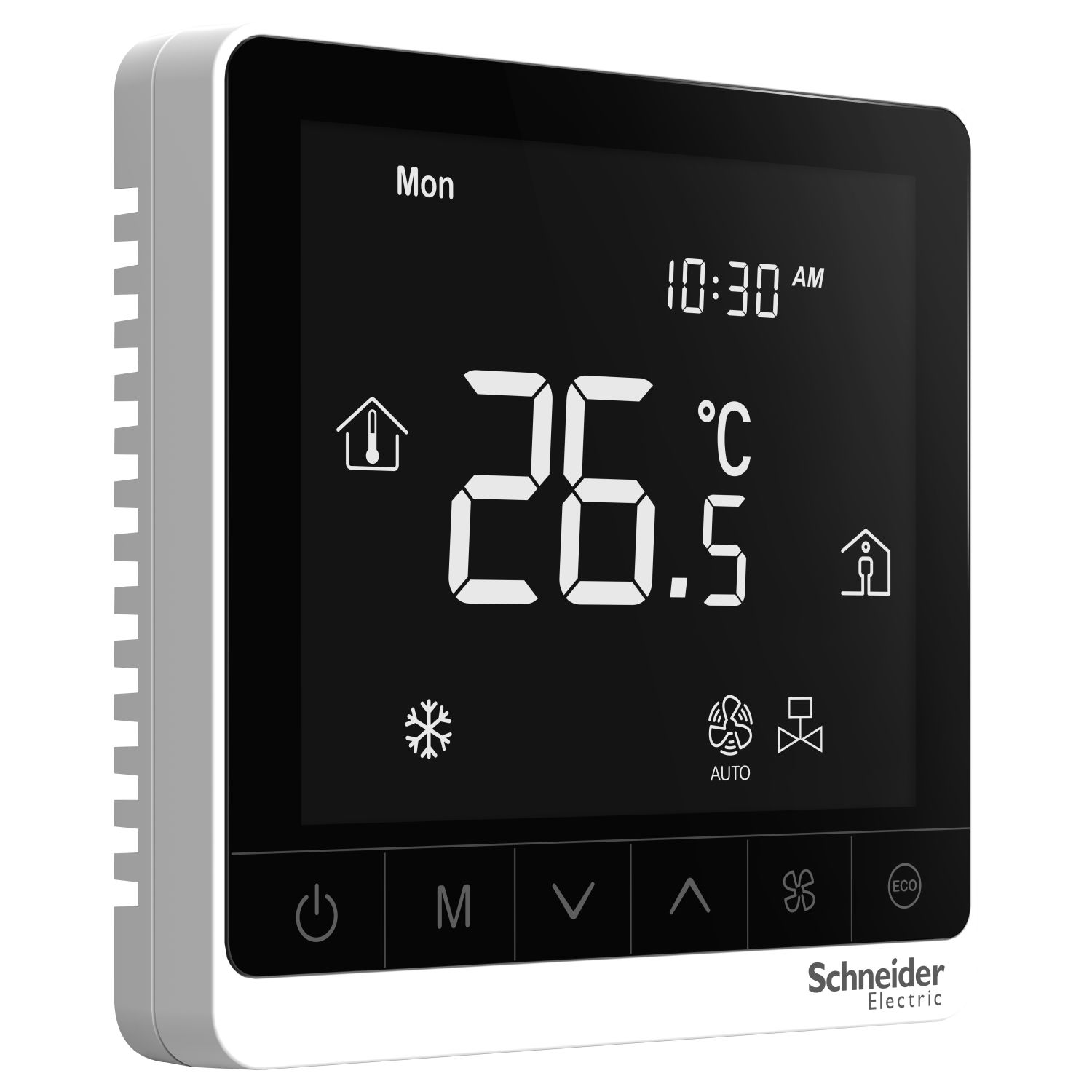 Picture of SpaceLogic thermostat, fan coil proportional, standalone, touchscreen, 4P, 3 fan, external sensor, 240V, white
